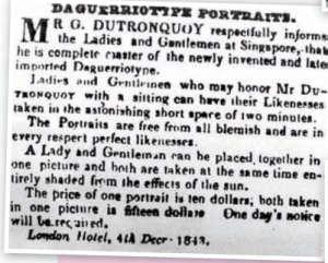 Gaston Dutronquoy's ad in the Straits Times 1843