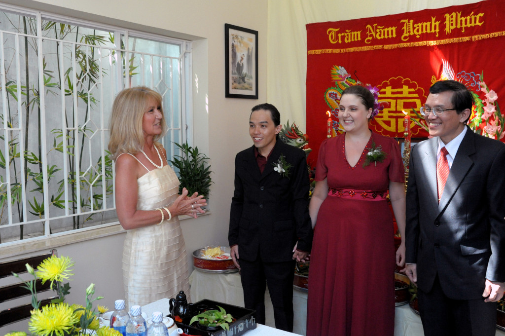 Sonia’s Mother, Hung, Sonia and Hung’s father during the wedding ceremony that took place in Vietnam at Hung’s parents house